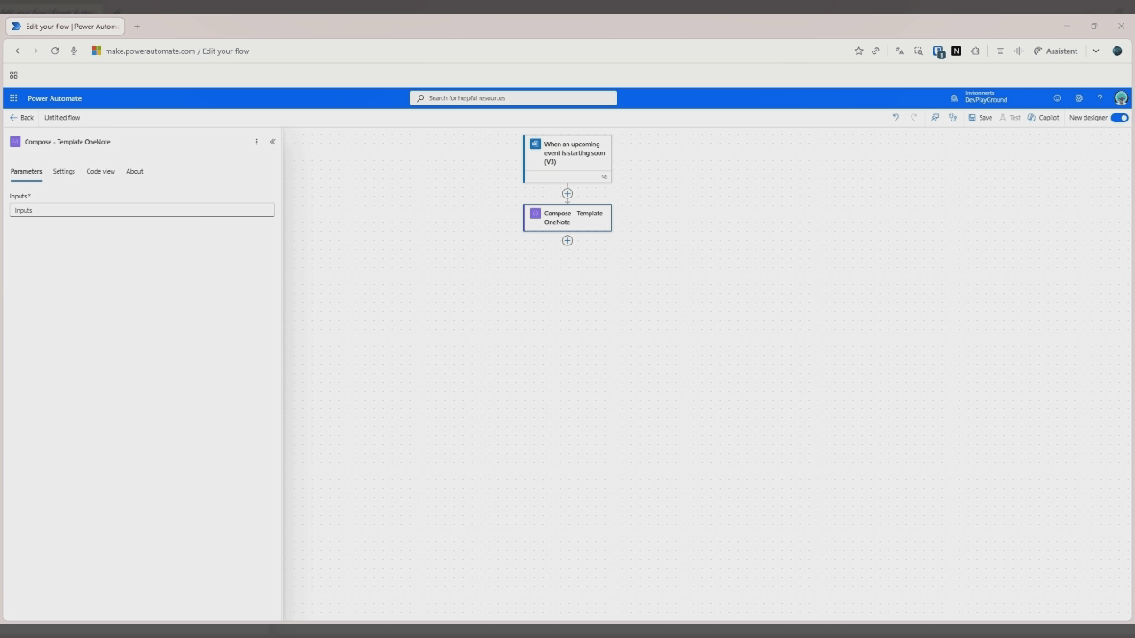 Trigger "When an upcoming event is starting soon (V3)" und die Aktion "Compose - Template OneNote" im Flow-Designer