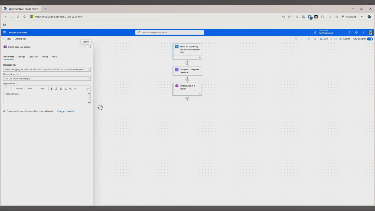 Konfiguration "Create page in a section" mit Notebook Key, Notebook-Abschnitt und Page Content