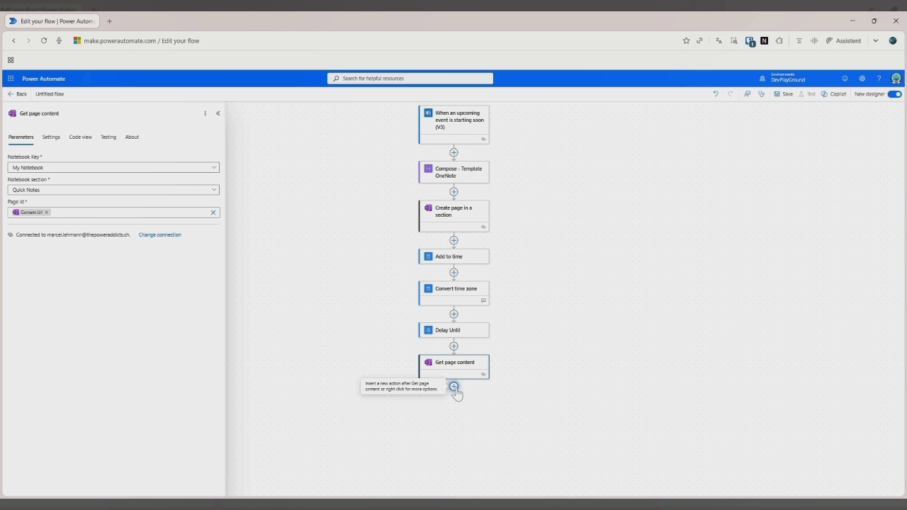 Konfiguration "Get page content" mit Notebook Key, Notebook-Abschnitt und Page Id