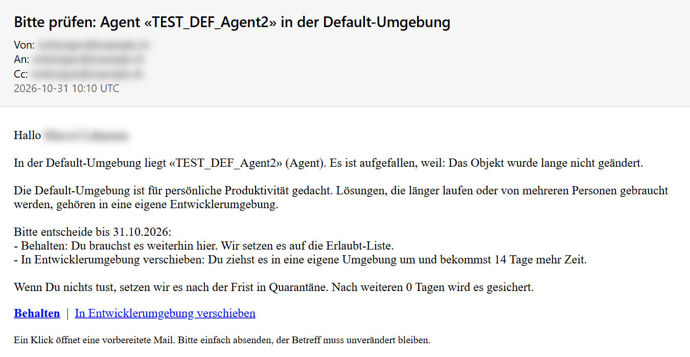 Mail an den Besitzer mit Frist und den Links Behalten und Verschieben