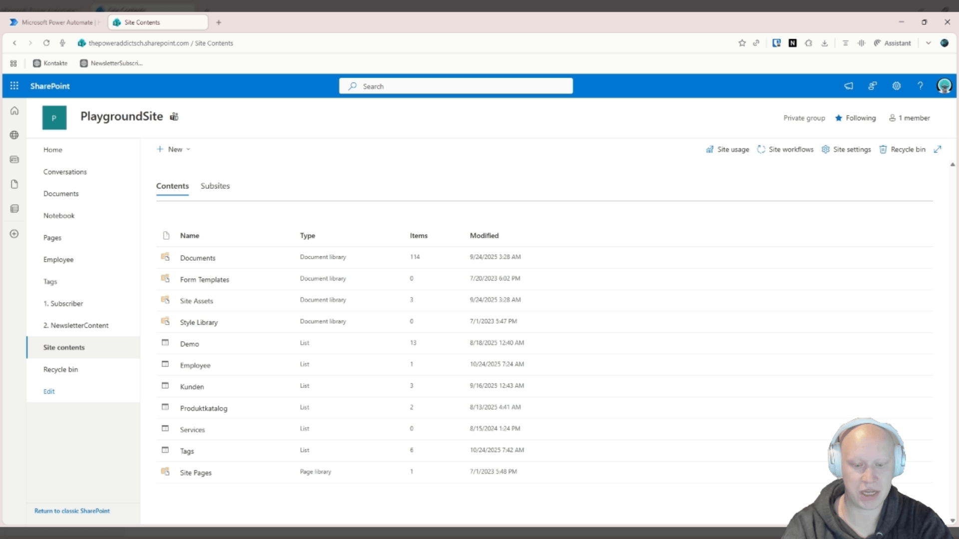 Übersicht "Site Contents" einer SharePoint-Website mit bestehenden Listen und Bibliotheken
