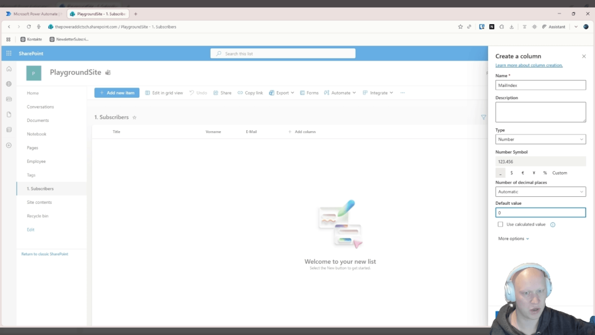 Spalte "MailIndex" als Zahl mit Standardwert 0 in der Liste "1. Subscribers"