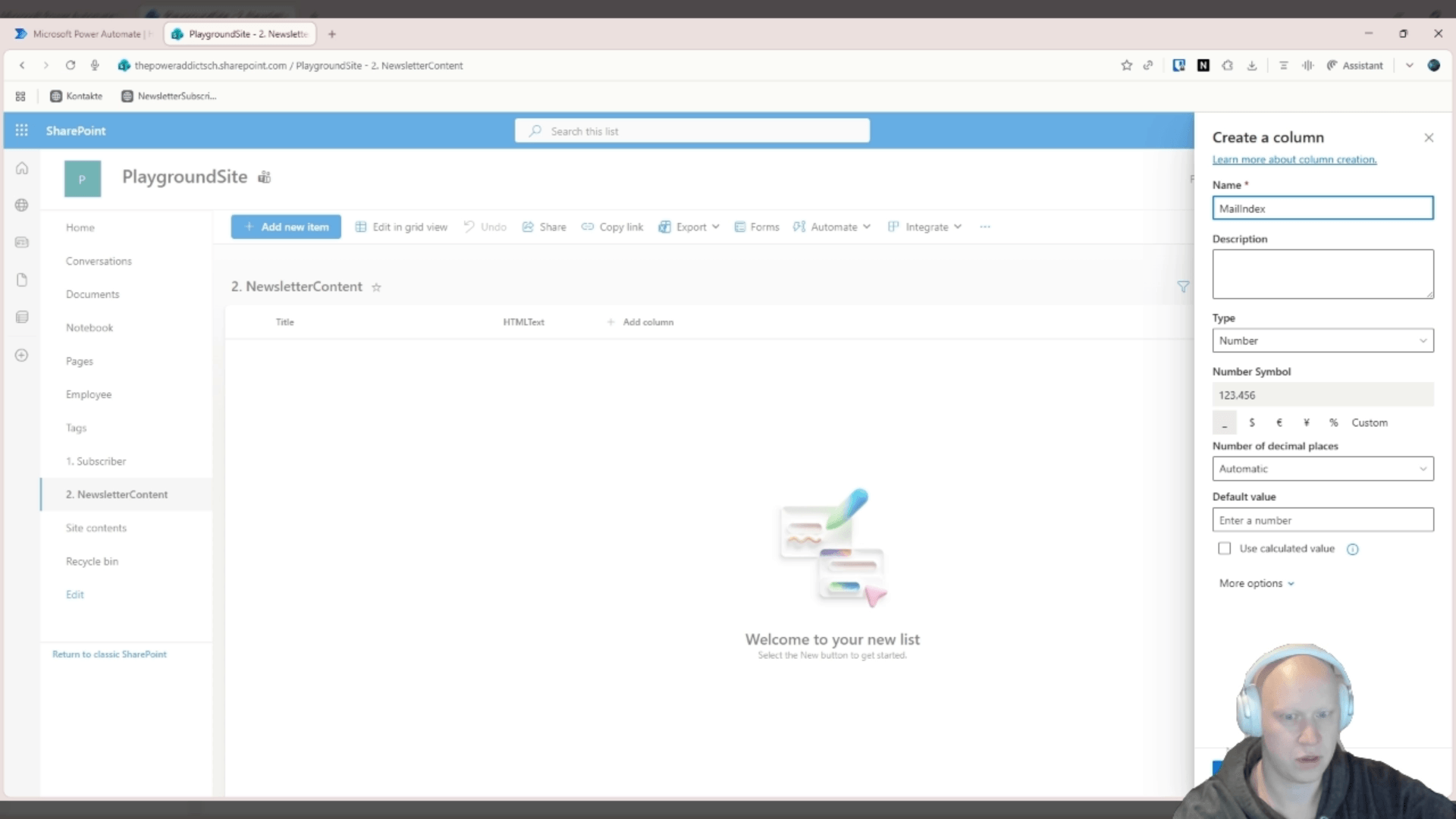 Spalte "MailIndex" als Zahl in der Liste "2. NewsletterContent"