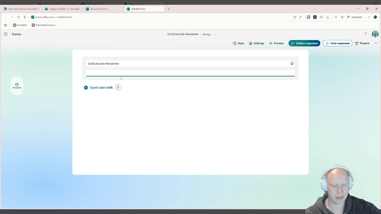 Neu erstelltes Microsoft Forms Formular "(Un)Subscribe Newsletter" im Editor