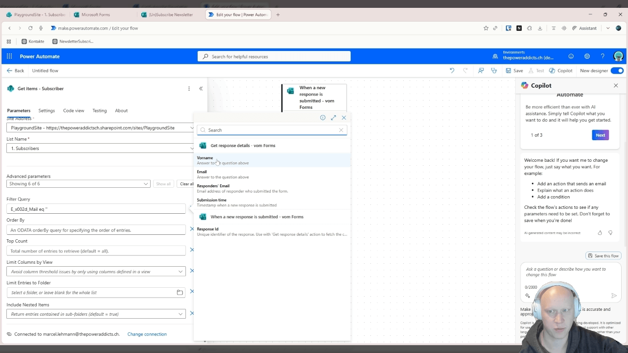 Aktion "Get items - Subscriber" mit Filter Query und geöffnetem Dynamische-Inhalte-Fenster