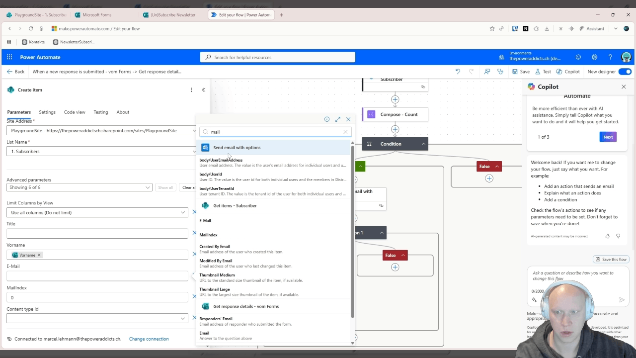Aktion "Create item" mit Vorname aus dynamischem Inhalt, MailIndex auf 0