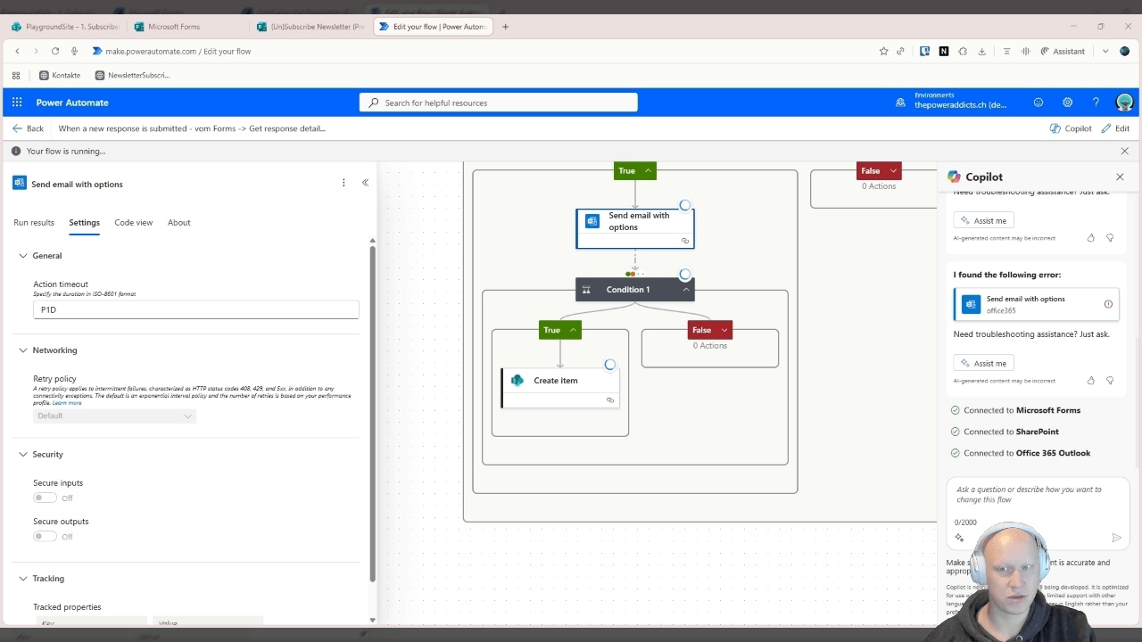 Einstellungen der Aktion "Send email with options" mit Action timeout P1D und verschachtelter Bedingung
