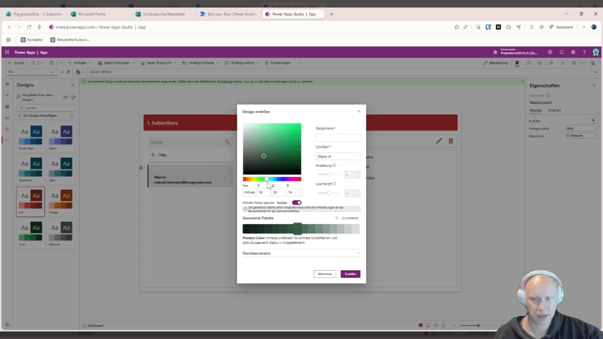 Dialog "Design erstellen" mit Farbwähler zur Anpassung der App-Designfarbe