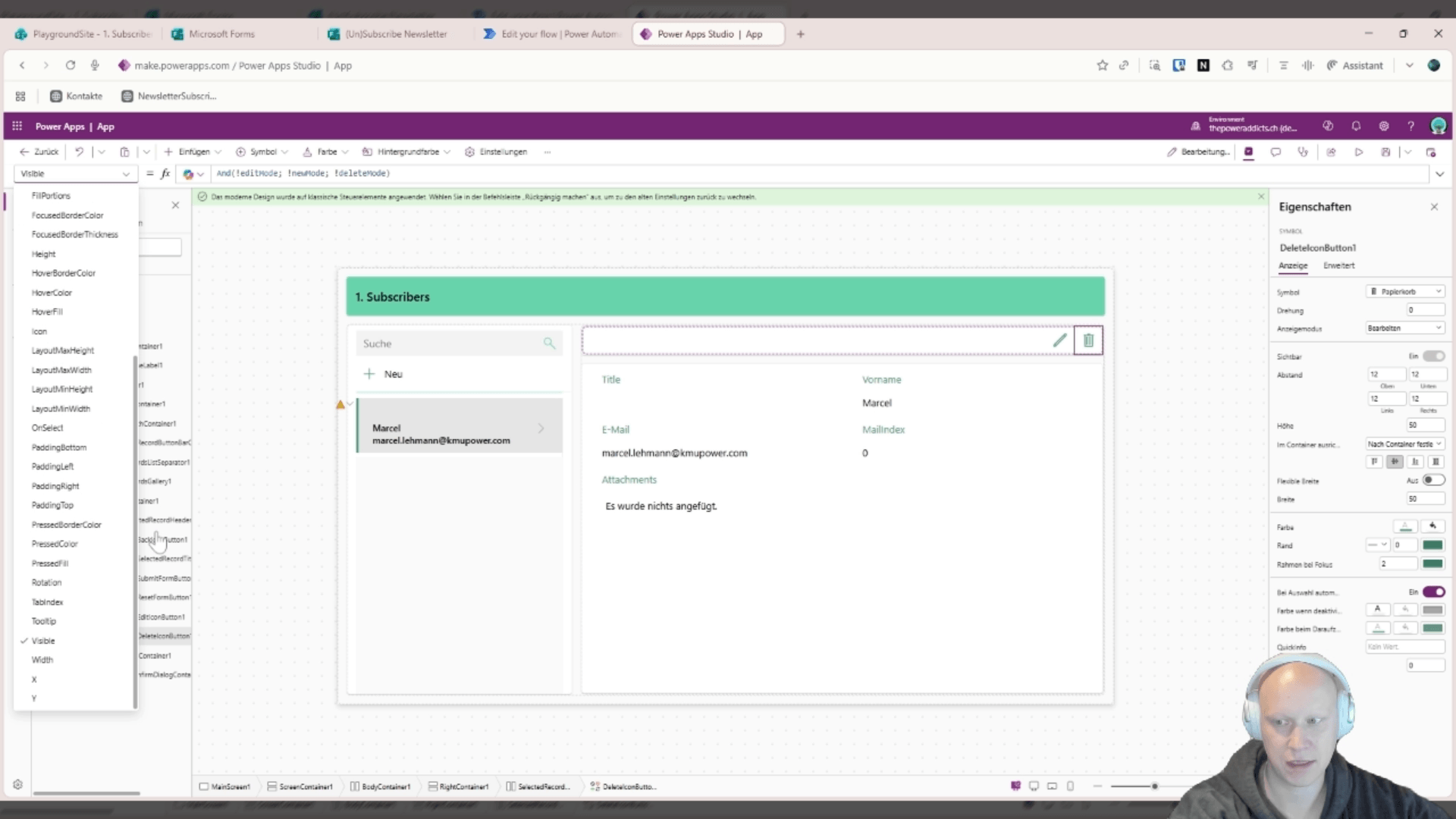 Eigenschaft "Visible" des Löschen-Buttons wird im Eigenschaften-Dropdown ausgewählt