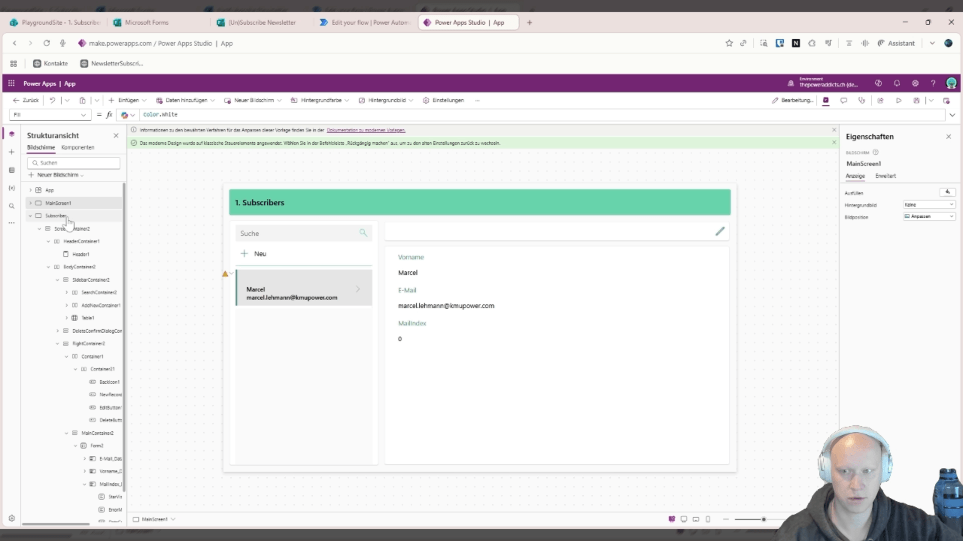 Aufgeräumtes Detail-Formular: nur noch Vorname, E-Mail und MailIndex sichtbar