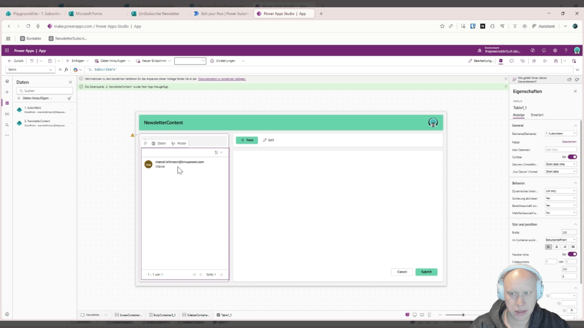 Neuer "NewsletterContent"-Bildschirm mit hinzugefügter Datenquelle im Daten-Panel