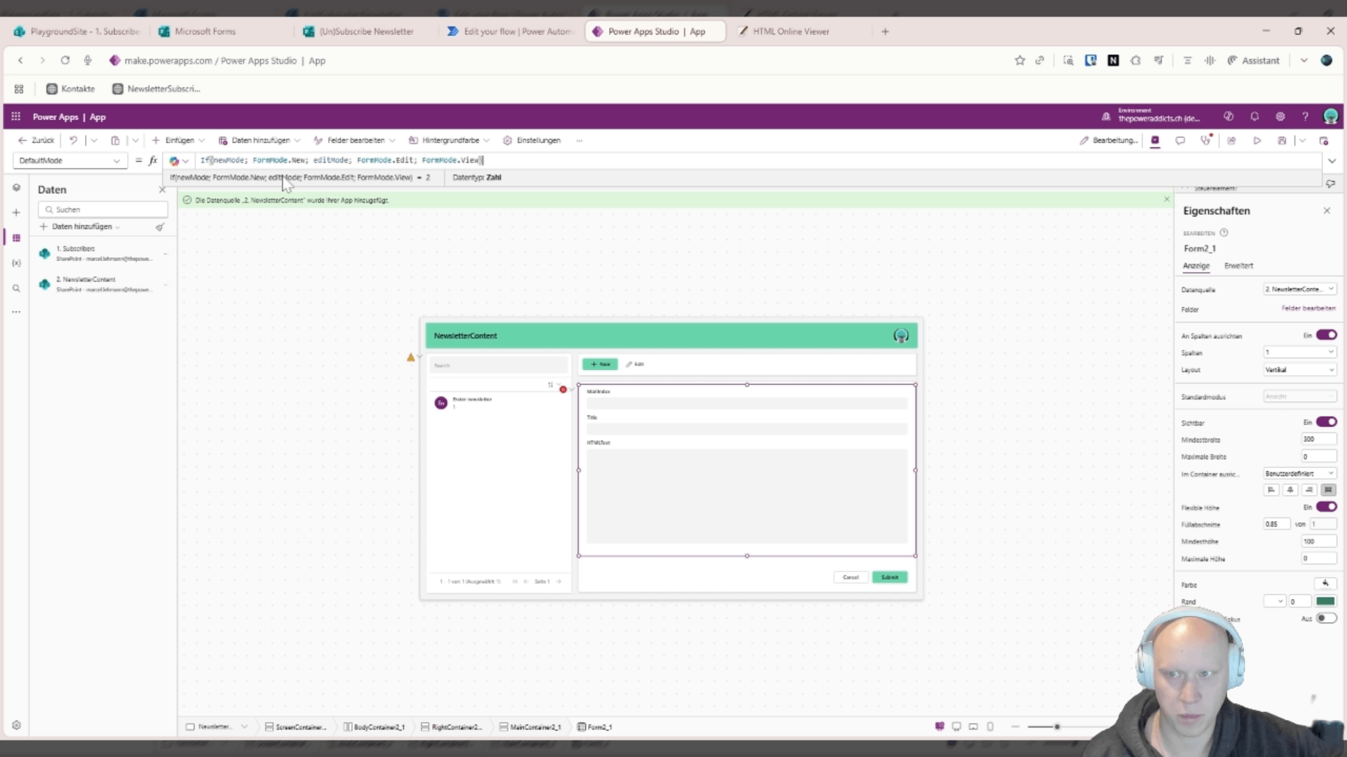 Formular des Newsletter-Bildschirms mit den Feldern MailIndex, Title und HTMLText