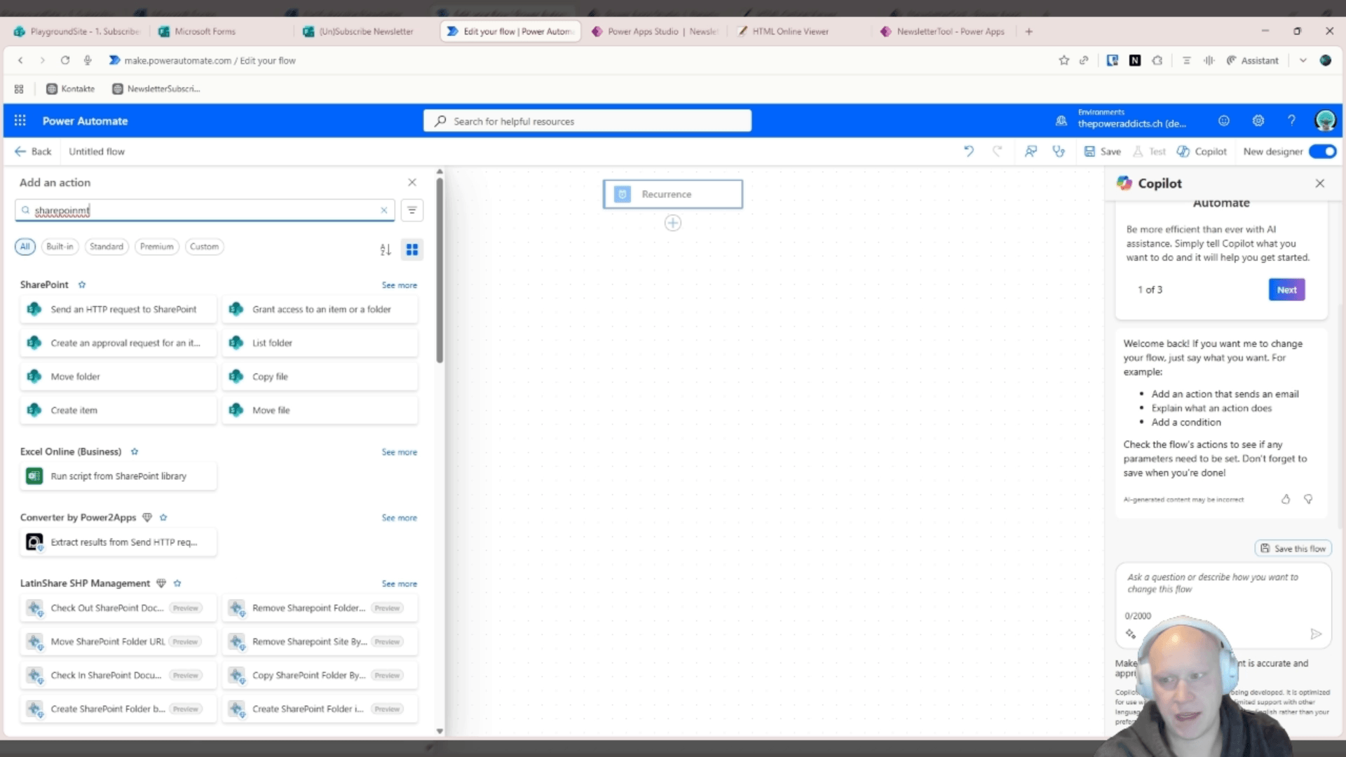 Aktionssuche "sharepoint" im Add-an-action-Panel, Recurrence-Trigger bereits im Flow
