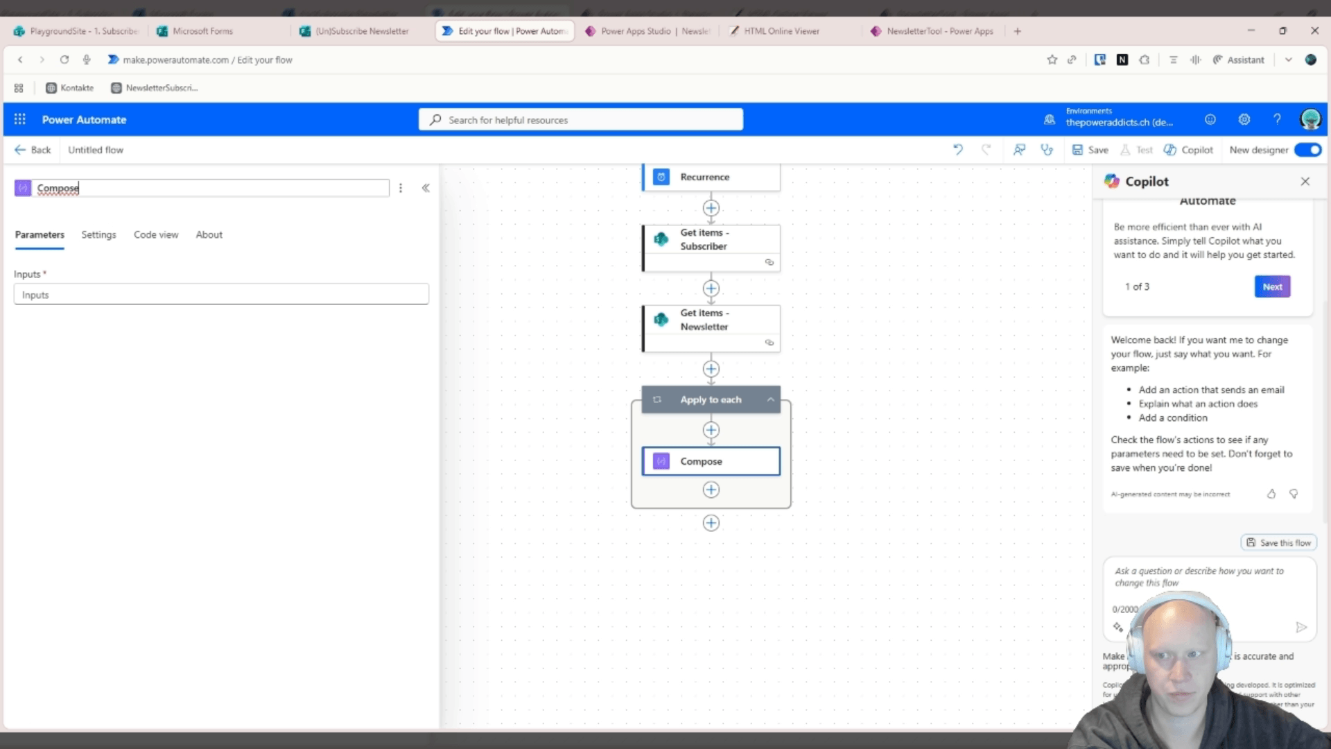 Flow-Übersicht: Recurrence, Get items - Subscriber, Get items - Newsletter, Apply to each mit Compose