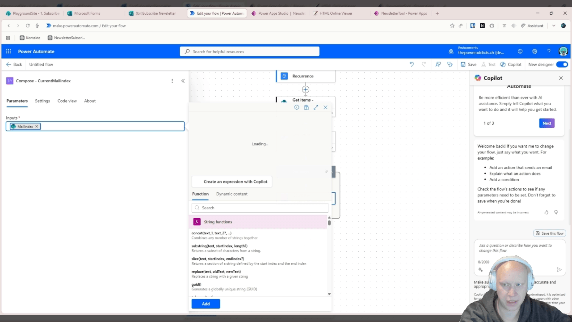 Aktion "Compose - CurrentMailIndex" mit Input MailIndex und geöffnetem Ausdrucks-Editor