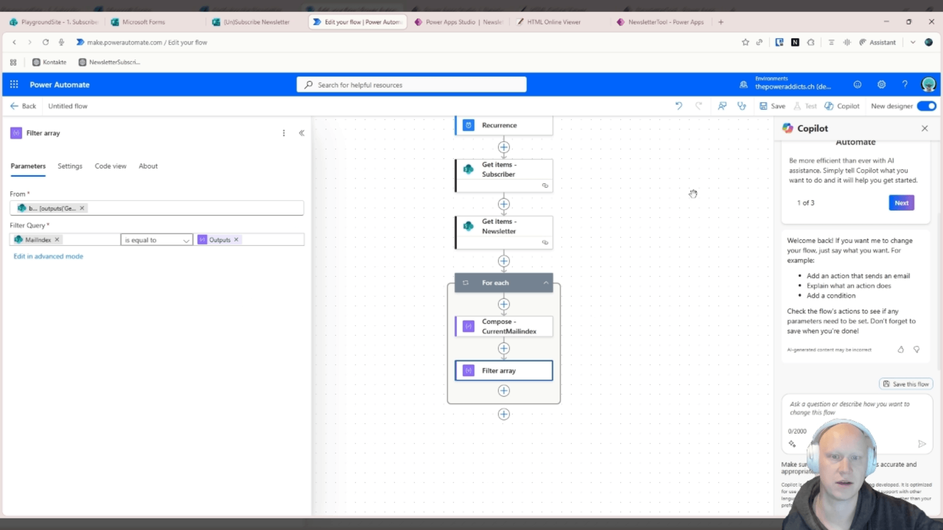 Aktion "Filter array" mit Filter Query "MailIndex is equal to Outputs"