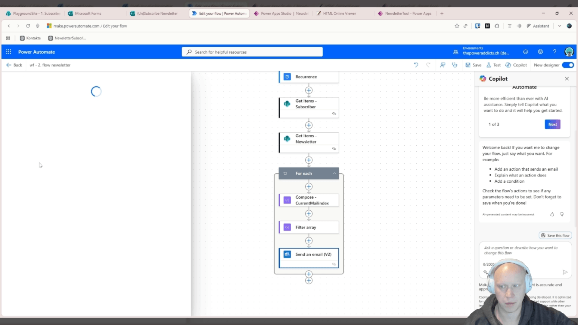 Vollständiger Flow mit "Send an email (V2)" als letztem Schritt innerhalb der verschachtelten Schleife