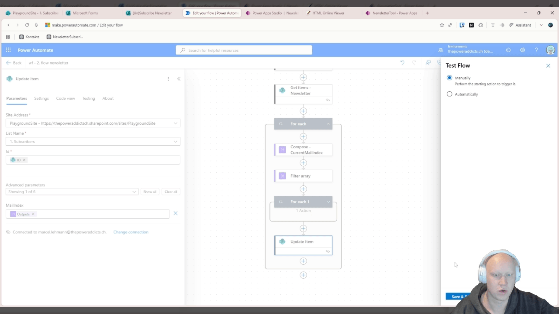 Aktion "Update Item" mit Site Address, List Name "1. Subscribers", Id und MailIndex, daneben das Test-Flow-Panel