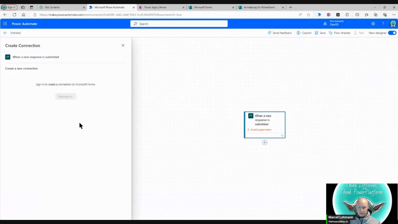 Trigger "When a new response is submitted" wird mit der Microsoft-Forms-Verbindung eingerichtet