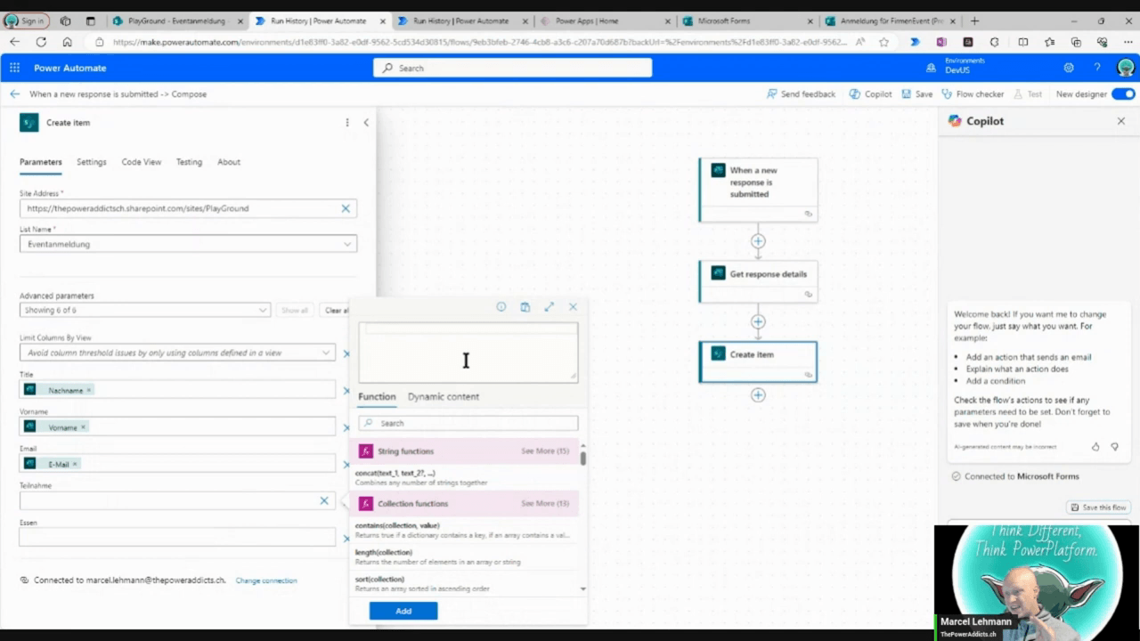 Aktion "Create Item" mit Site Address, List Name "Eventanmeldung" und Feldern Title/Vorname/Email