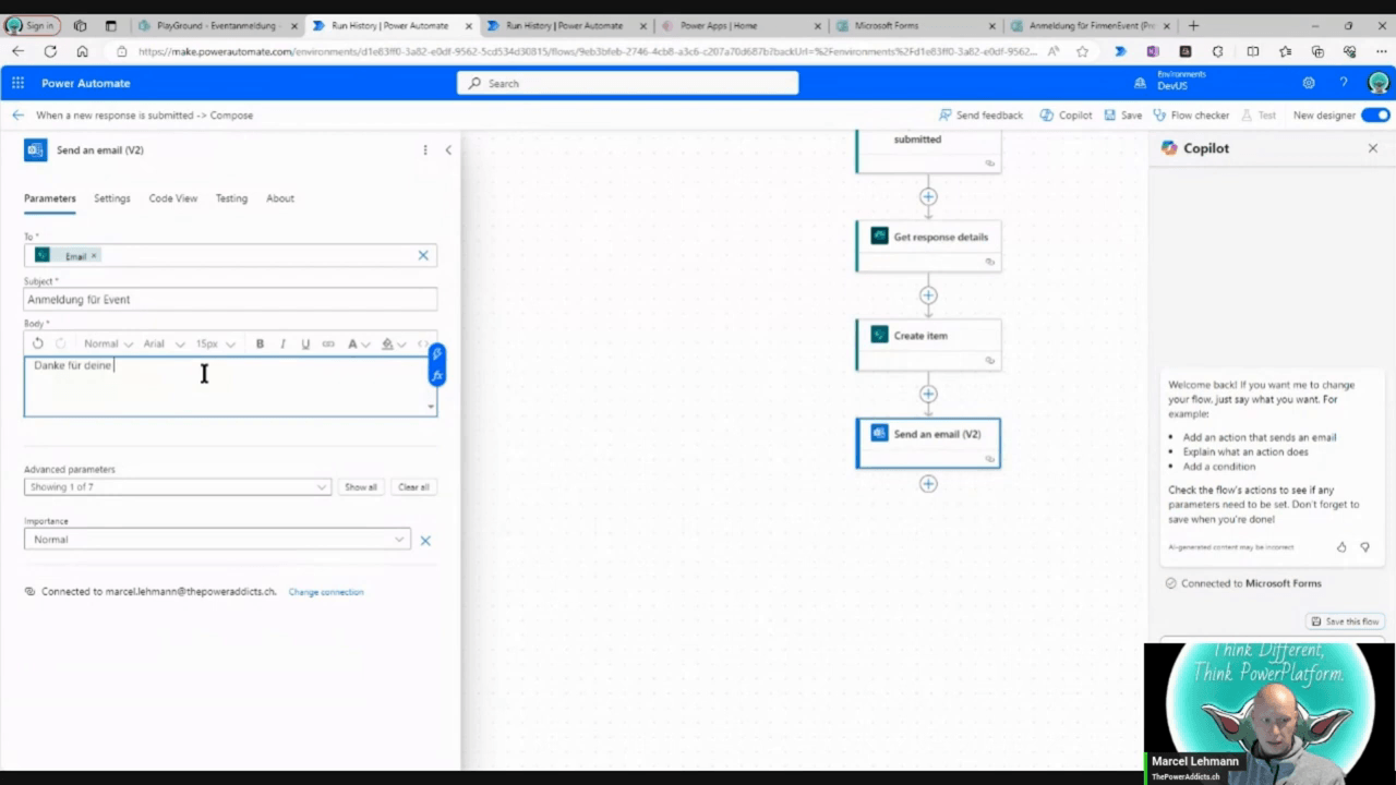 Aktion "Send an email (V2)" mit Betreff "Anmeldung für Event" und Dankestext, vollständiger Flow im Hintergrund