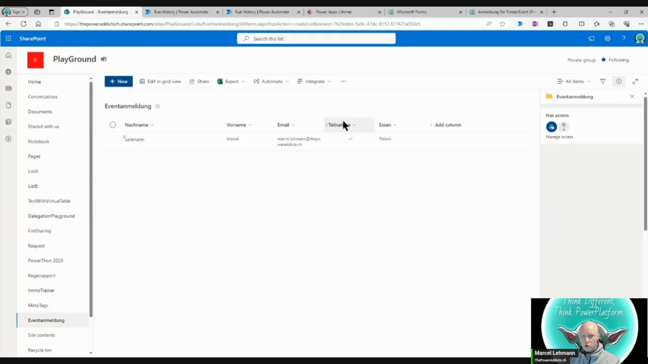 Ergebnis in SharePoint: die Liste "Eventanmeldung" mit einem echten, automatisch angelegten Testeintrag