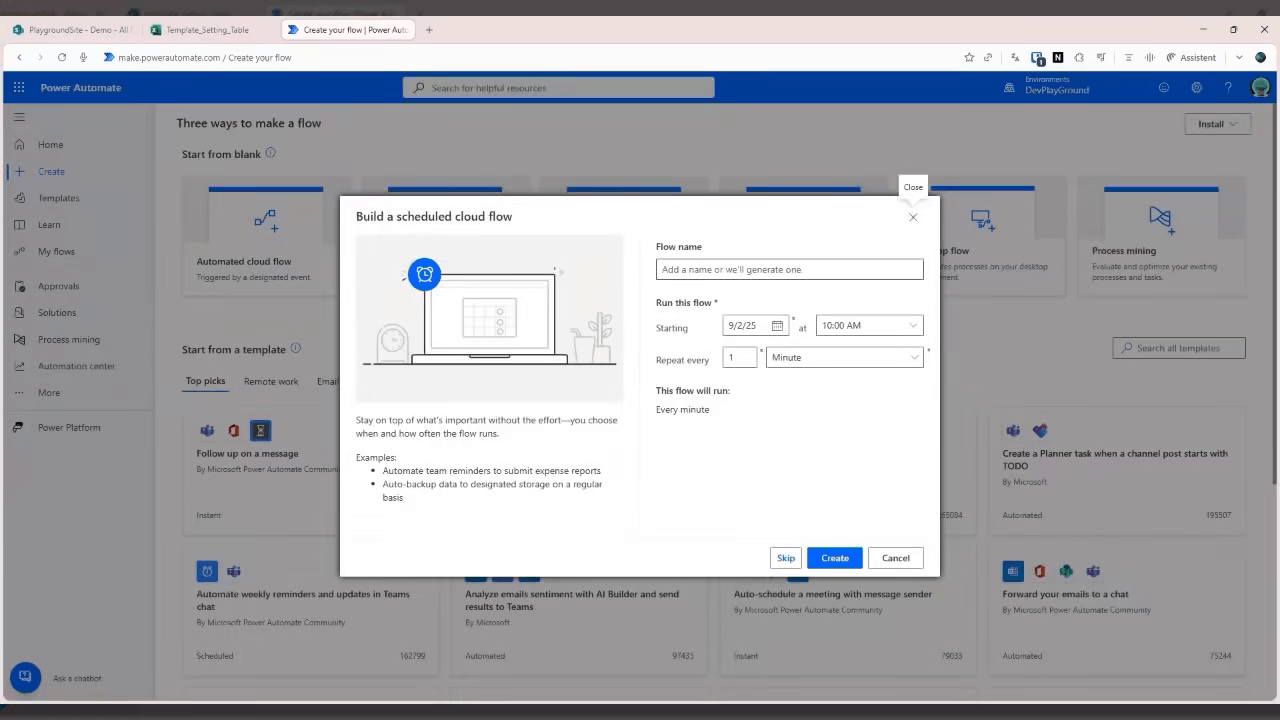 Dialog "Build a scheduled cloud flow" mit Flussname, Startzeit und Wiederholungsintervall