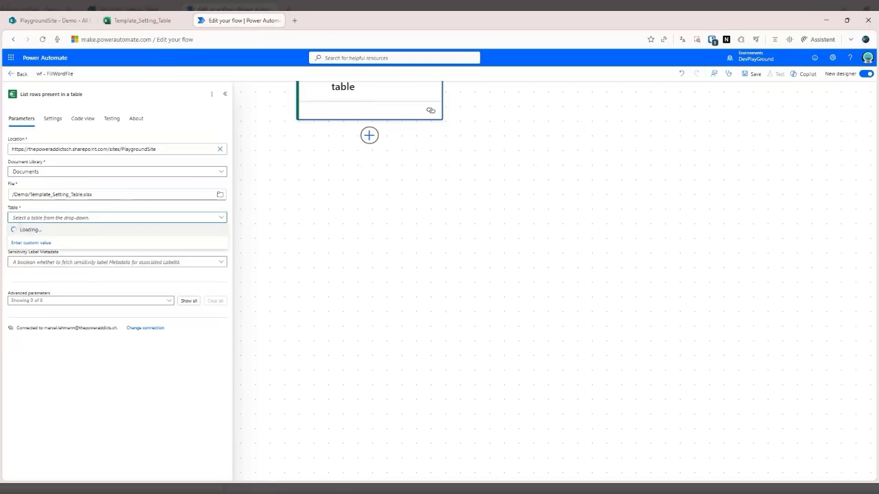 Konfiguration der Aktion "List rows present in a table" mit Location, Document Library, File und Table