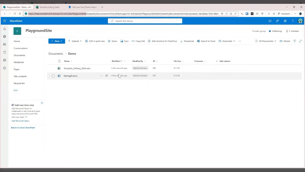 SharePoint-Bibliothek mit Excel-Tabelle und Word-Vorlage, die als Ausgangspunkt für den Flow dienen