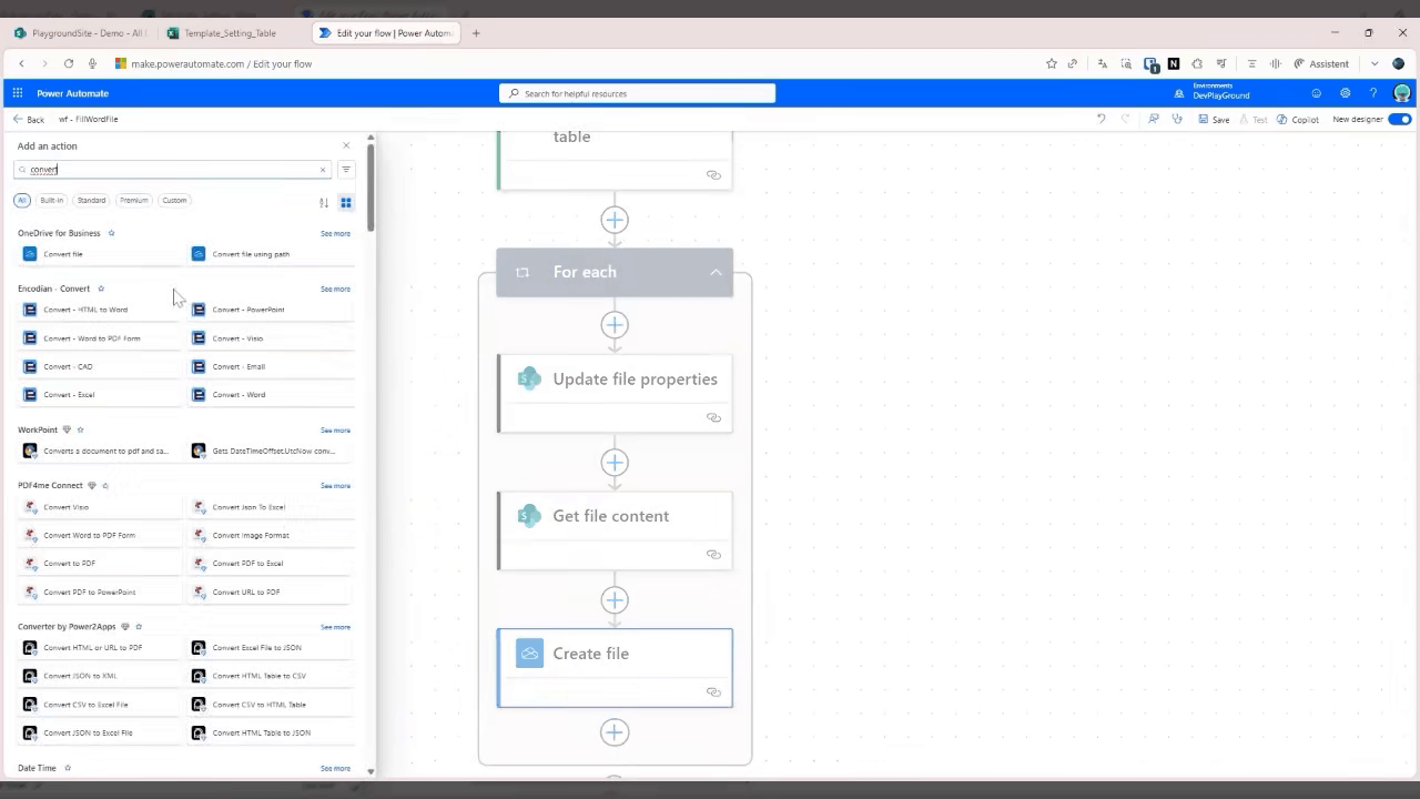 Aktion "Convert file" wird über die Aktionssuche zum Flow hinzugefügt