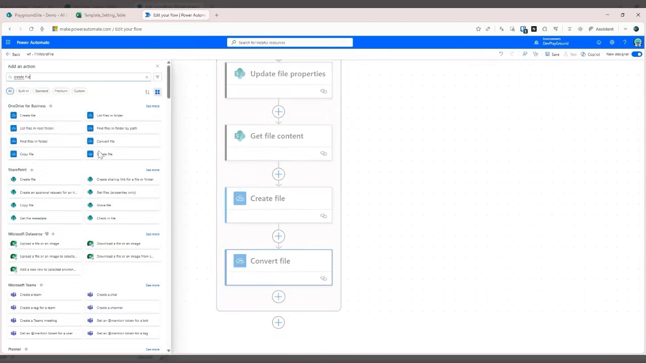 Neue Aktion "Create file" wird nach "Convert file" ergänzt, um das PDF final in SharePoint zu speichern