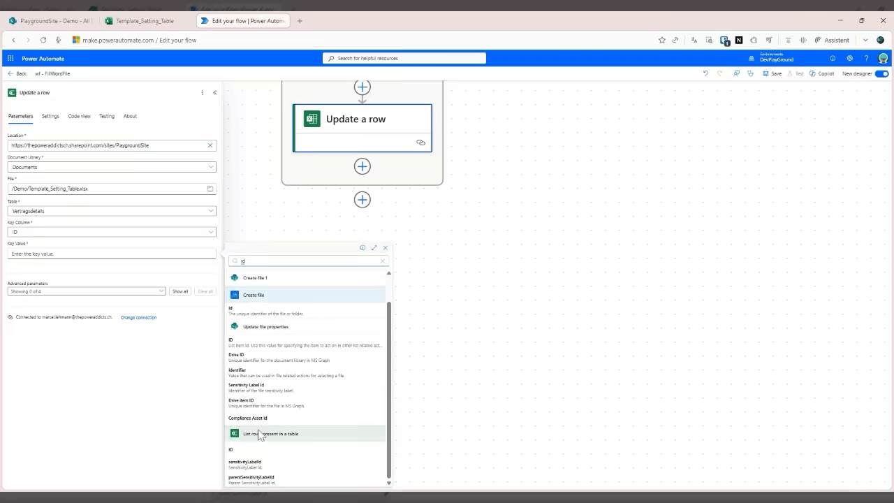 Aktion "Update a row" mit Key Column ID und dynamischem Inhaltspicker
