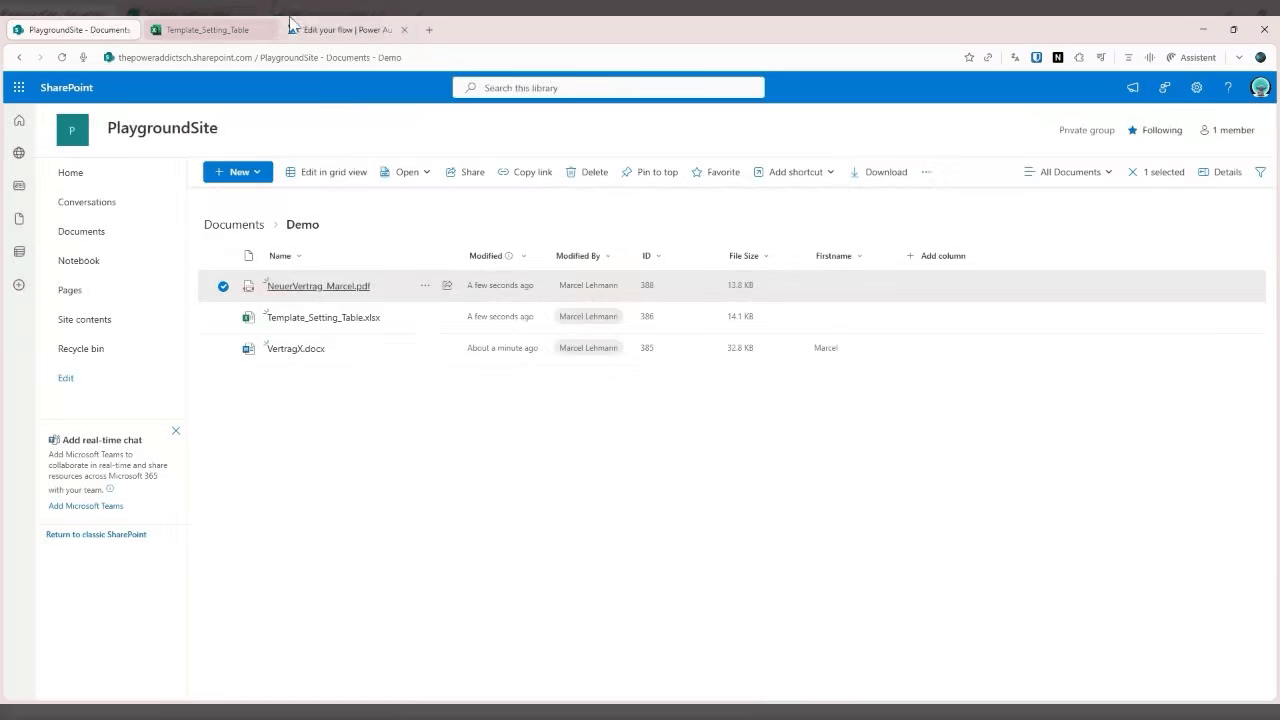 Fertiges Ergebnis in SharePoint: das automatisch erstellte PDF liegt neben Vorlage und Excel-Tabelle